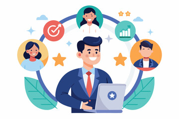 360 degree feedback, assessment or performance appraisal, customer review, testimonial or job networking, employee evaluation, rating or survey concept, businessman get feedback from colleagues.
