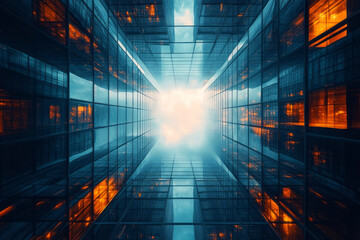 Aufkleber - Futuristic cityscape with towering geometric buildings and glowing lines,
