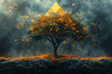 Aufkleber - A tree growing into a fractal pattern of green and gold triangles,