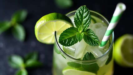 Close-up view of mojito cocktail with straw in glass and lime slices on black, cocktail drinks concept