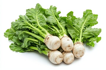 A bunch of fresh turnips with leafy greens on top, ready for cooking or salad preparation.