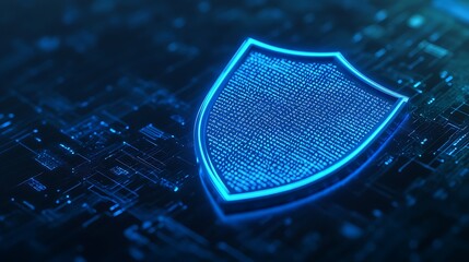Poster - Digital shield symbolizing cybersecurity and data protection in a high-tech virtual landscape. Blue neon shield icon representing internet security.