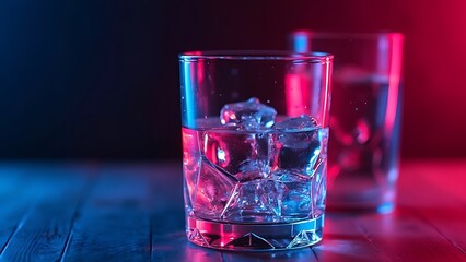 Transparent glasses with liquid on dark background with pink illumination