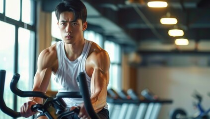 Wall Mural - A man is riding a stationary bike in a gym