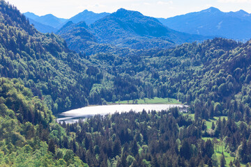 Awesome lake and forest in Bavaria, Germany. Serene lake framed by lush trees and majestic mountains under a clear blue sky. Lake is surrounded by trees and the mountains are in the background