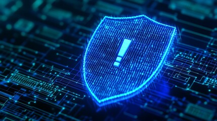 Poster - Digital shield with exclamation mark symbolizing cybersecurity, data protection, and information security on a technology background.