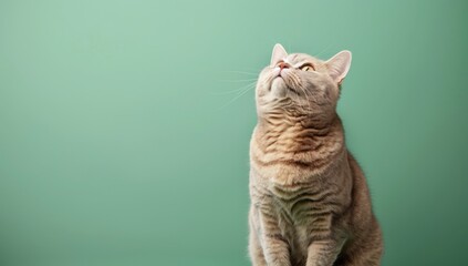 Wall Mural - A cat is sitting on a green surface and looking up