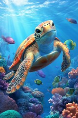 A turtle with colorful fish and sea animals with colorful coral underwater in the ocean | Stock Photo