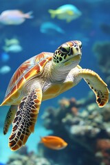 The turtle with a group of colorful fish and sea animals together with colorful corals underwater in the ocean | Stock Image