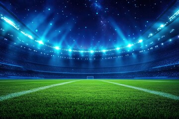 beautiful sports stadium with a green grass field shines with blue spotlights at night with stars. Sports tournament, world championship , ai