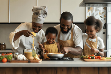 A family of four is cooking together in a kitchen