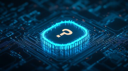 Poster - Futuristic circuit board with a glowing question mark symbol, representing artificial intelligence and technology concepts.