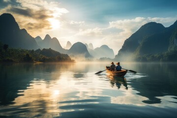 Poster - Couple rowing canue adventure vehicle canoe.