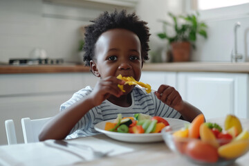 A young child is eating a plate of fruit