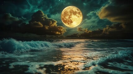 Wall Mural - Full moon rising over the ocean, casting a mystical glow on the water and beach.