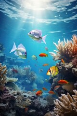 Wall Mural - Beautiful group of fish in sea underwater aquarium outdoors.