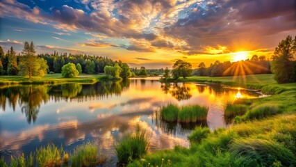 Serene landscape of Horseshoe Lake at sunset, warm golden light, lush green surroundings, a realistic photo image.