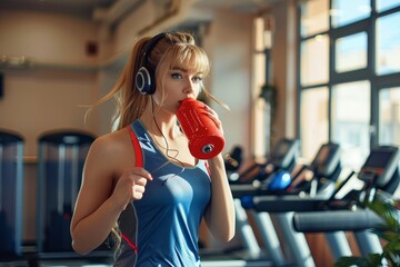 A woman is drinking from a red bottle while wearing headphones