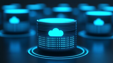 Poster - futuristic cloud server data storage depicted with glowing blue containers. high-tech infrastructure