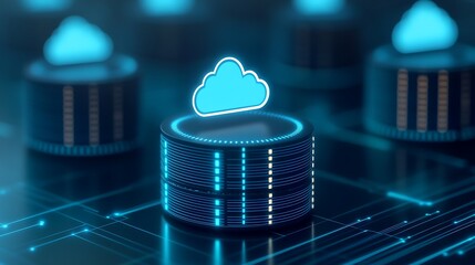 Poster - Futuristic cloud storage concept with glowing servers and cloud icons, representing modern data storage and technology.