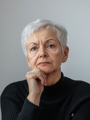 Poster - A senior woman with short silver hair contemplates deeply, resting her chin thoughtfully on her hand. She has a serious expression, dressed in black. Generative AI