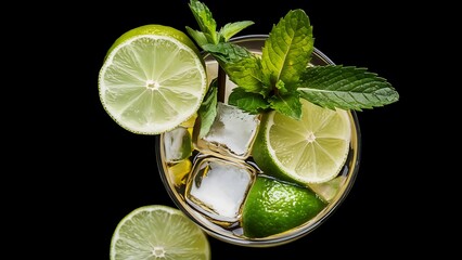 Mojito cocktail with fresh limes on a black background