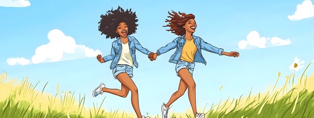 Two women playing tag in the park, laughing and having fun together on an empty green field with buildings behind them, doodle style