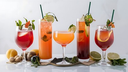 Set of cocktails soft and longdrinks in front of white background