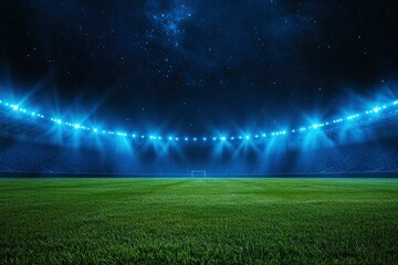 beautiful sports stadium with a green grass field shines with blue spotlights at night with stars. Sports tournament, world championship , ai