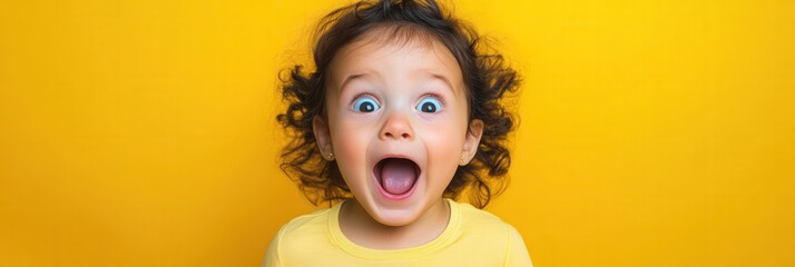 Poster - A delighted toddler with curly hair beams joyfully, showcasing pure happiness against a bright yellow backdrop, capturing a playful moment. Generative AI