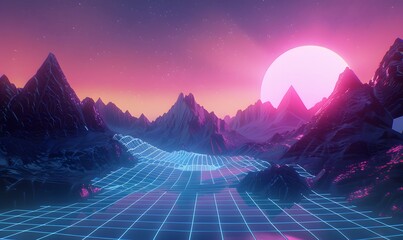 80s retro futuristic sci-fi. Retrowave VJ videogame landscape, neon lights and low poly terrain grid. Stylized vintage vaporwave 3d illustration background with mountains, sun and stars.