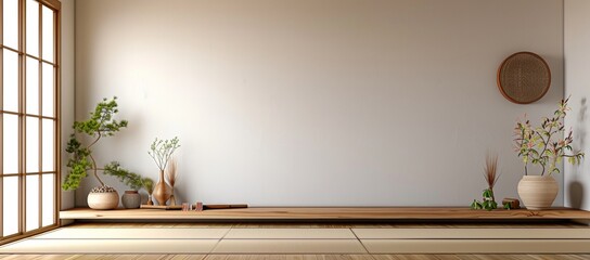 A large empty room with a window and two potted plants