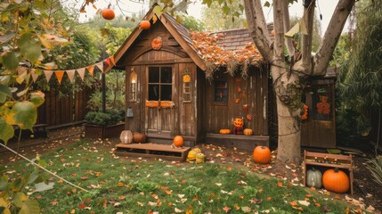 cozy autumn playhouse with rustic decor and pumpkin patch in a beautifully themed backyard setting