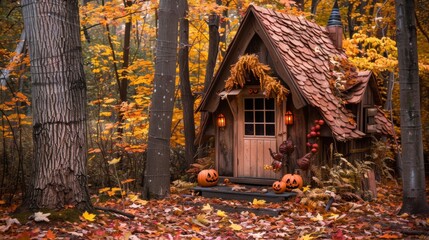 Charming autumnal playhouse surrounded by vibrant fall foliage and cozy decorations in a serene forest