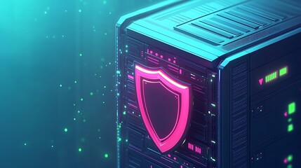 Poster - Futuristic server with a glowing shield symbolizing cyber security and data protection in a digital network environment.