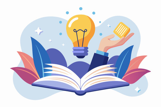 Knowledge or education, study or learning new skill, creativity or idea, reading book for inspiration, discover solution or literature, wisdom concept, hand hold open book to discover lightbulb idea.
