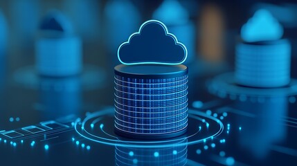 Poster - Futuristic visualization of cloud computing technology, featuring a glowing cloud icon above a data server and digital circuitry.