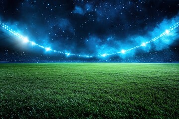 beautiful sports stadium with a green grass field shines with blue spotlights at night with stars. Sports tournament, world championship , ai