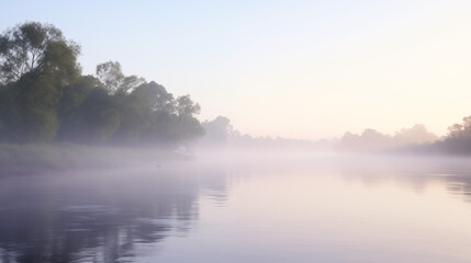 Canvas Print - Misty Morning River Scene with Trees Lining the Banks at Dawn