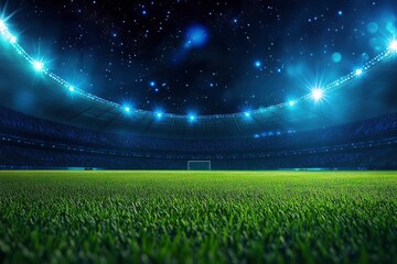 beautiful sports stadium with a green grass field shines with blue spotlights at night with stars. Sports tournament, world championship , ai