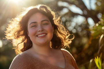 Wall Mural - A woman with long hair and a tan sweater is smiling at the camera