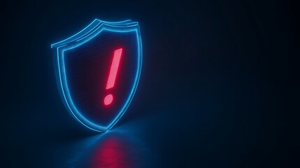 Neon shield with exclamation mark on dark background, representing digital security warning or computer threat alert.