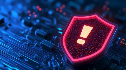 Poster - Red alert shield icon on a circuit board symbolizing cybersecurity threat, warning digital data protection with exclamation mark in center