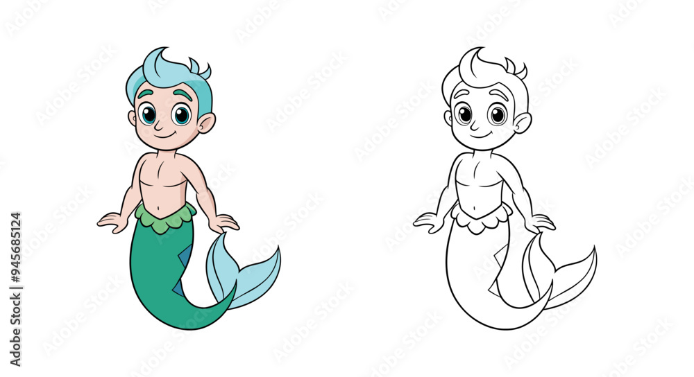 Smiling merman with blue hair and colorless version for coloring ...