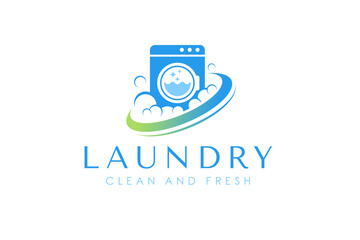 Wall Mural - Laundry logo design template. Washing machine with bubbles illustration concept for laundry logo