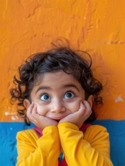 Poster - A young child with curly hair reacts with excitement, showing joy while standing against a bright and colorful wall outdoors. Generative AI