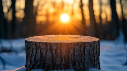 Wall Mural - Tree Stump at Sunrise in Snowy Forest