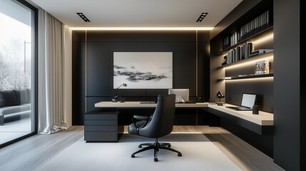 Luxury home office sleek black executive desk ergonomic chair modern minimalist workspace professional design high end lighting business interior corporate style productivity setup lux interior design