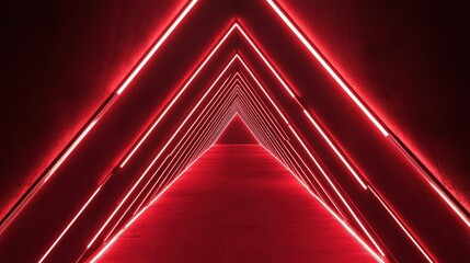 Red neon lights illuminate a modern corridor with geometric patterns in an urban setting