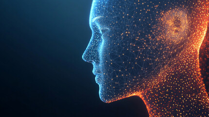 An abstract depiction of a humanoid robot's head in a futuristic low-poly wireframe style, made up of glowing dots and thin lines. This close-up side view of an asexual bot or cyborg highlights the co